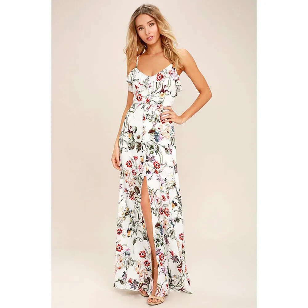 Lulus Bloom On Ivory Floral Print Maxi Dress White - Size Medium - Picture 1 of 1